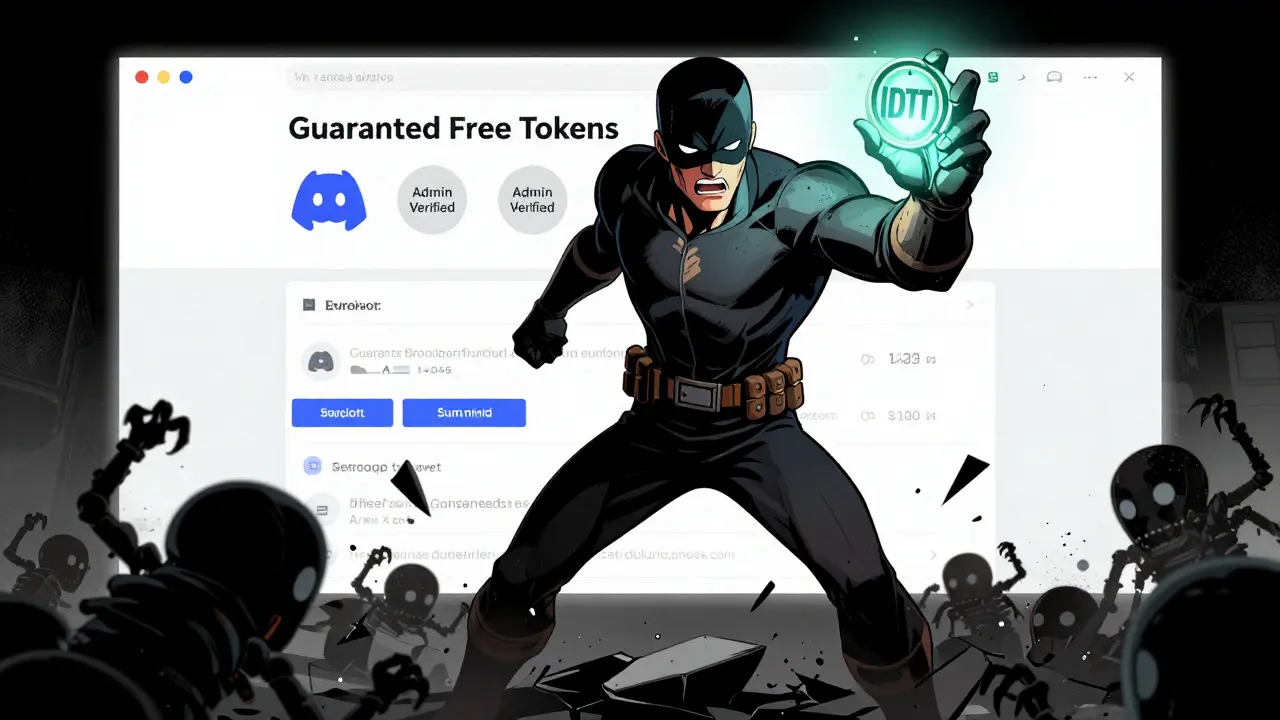 A hero standing on a destroyed scam website, holding a token while bots crawl below, with a verified Discord server glowing behind.