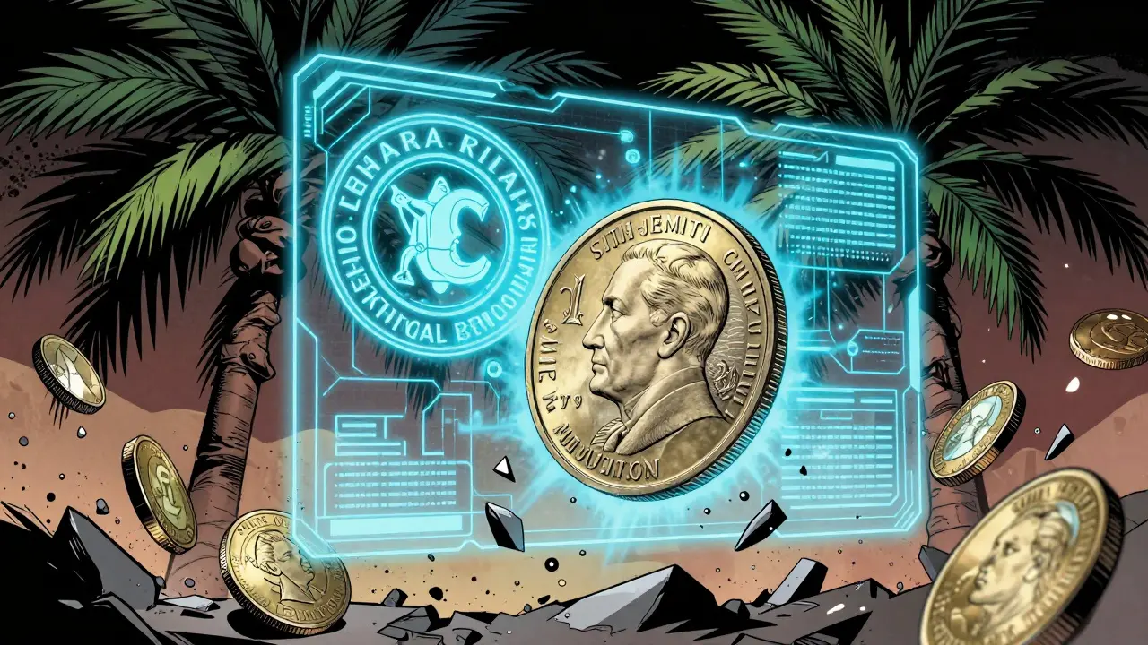 A Kuwaiti dinar transforms into a state-controlled digital currency as crypto coins crumble to dust in the background.