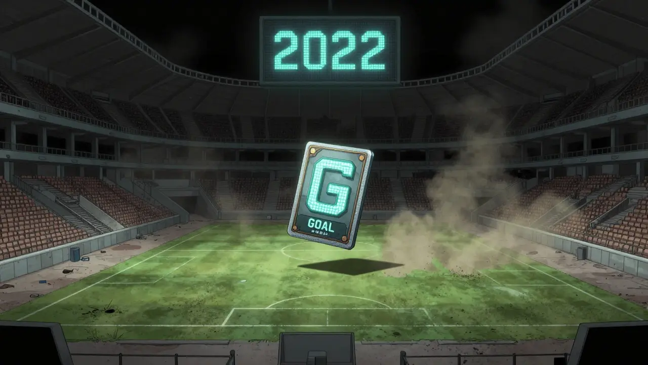 A lone NFT card sits abandoned in a silent digital football stadium, forgotten after 2022.