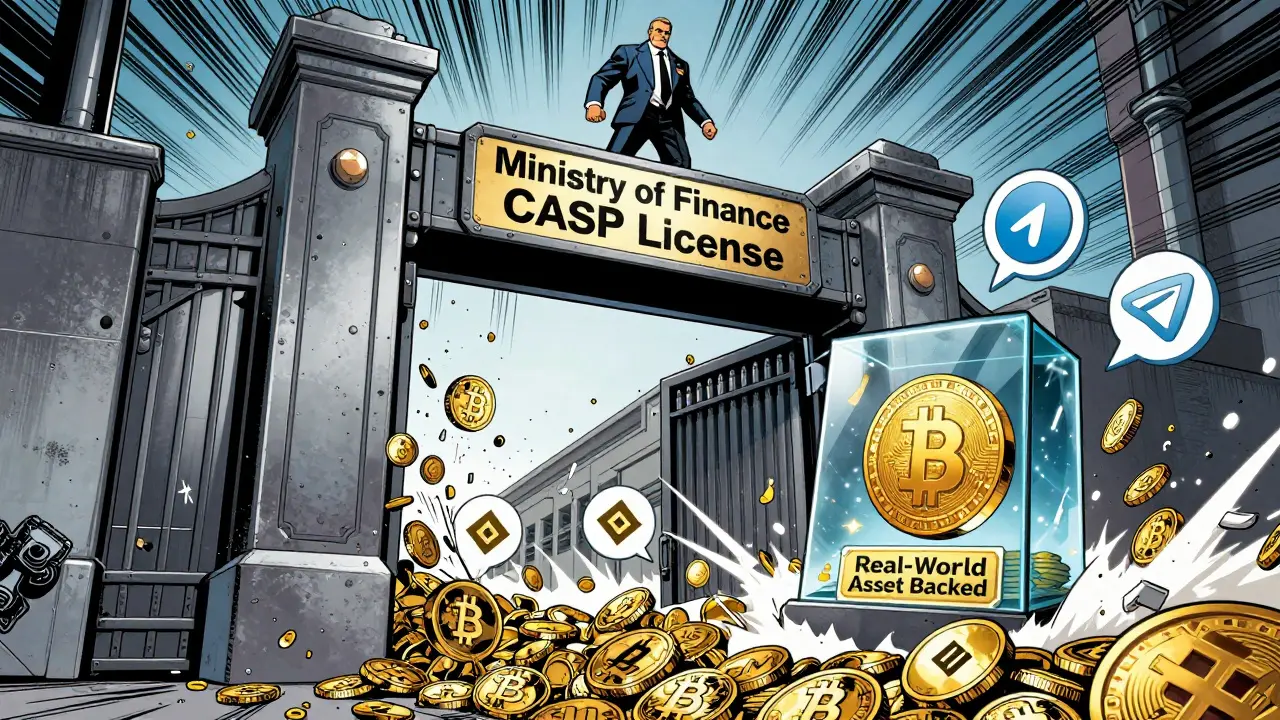 A massive government gate crushes stablecoins and P2P apps while gold Bitcoin and NFTs glow safely inside a licensed vault.