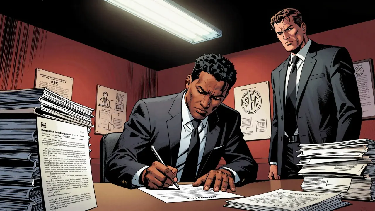 A Nigerian director signs a legal undertaking surrounded by compliance documents under the watchful eye of an SEC inspector.