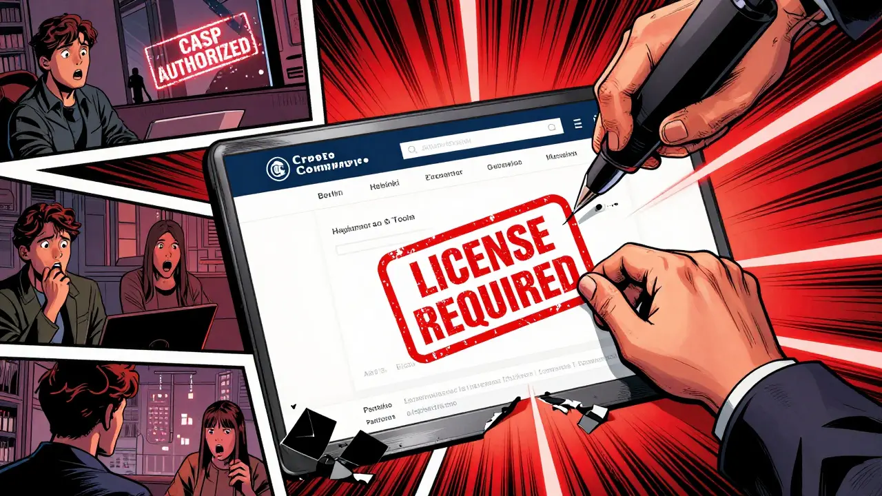 A regulator slams a license seal over a crypto website, while users across Europe react, in bold DC comic style.