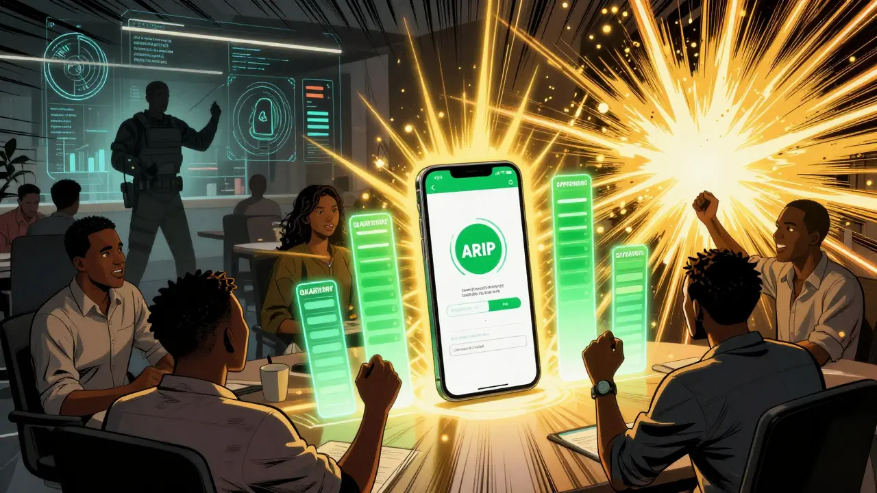 A startup team celebrates ARIP approval with holographic milestones as an unlicensed exchange is erased by digital enforcement.