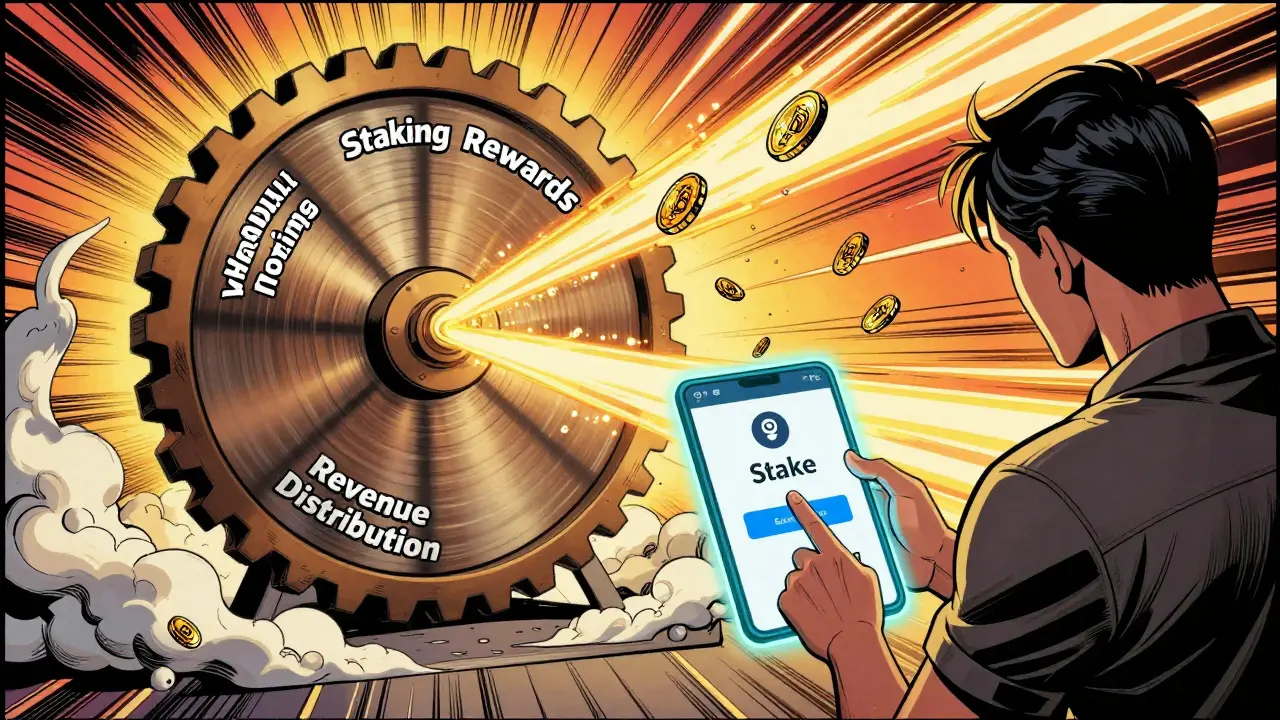 A user clicks 'Stake' as a massive flywheel spins, symbolizing rewards and governance in the Haedal Protocol.