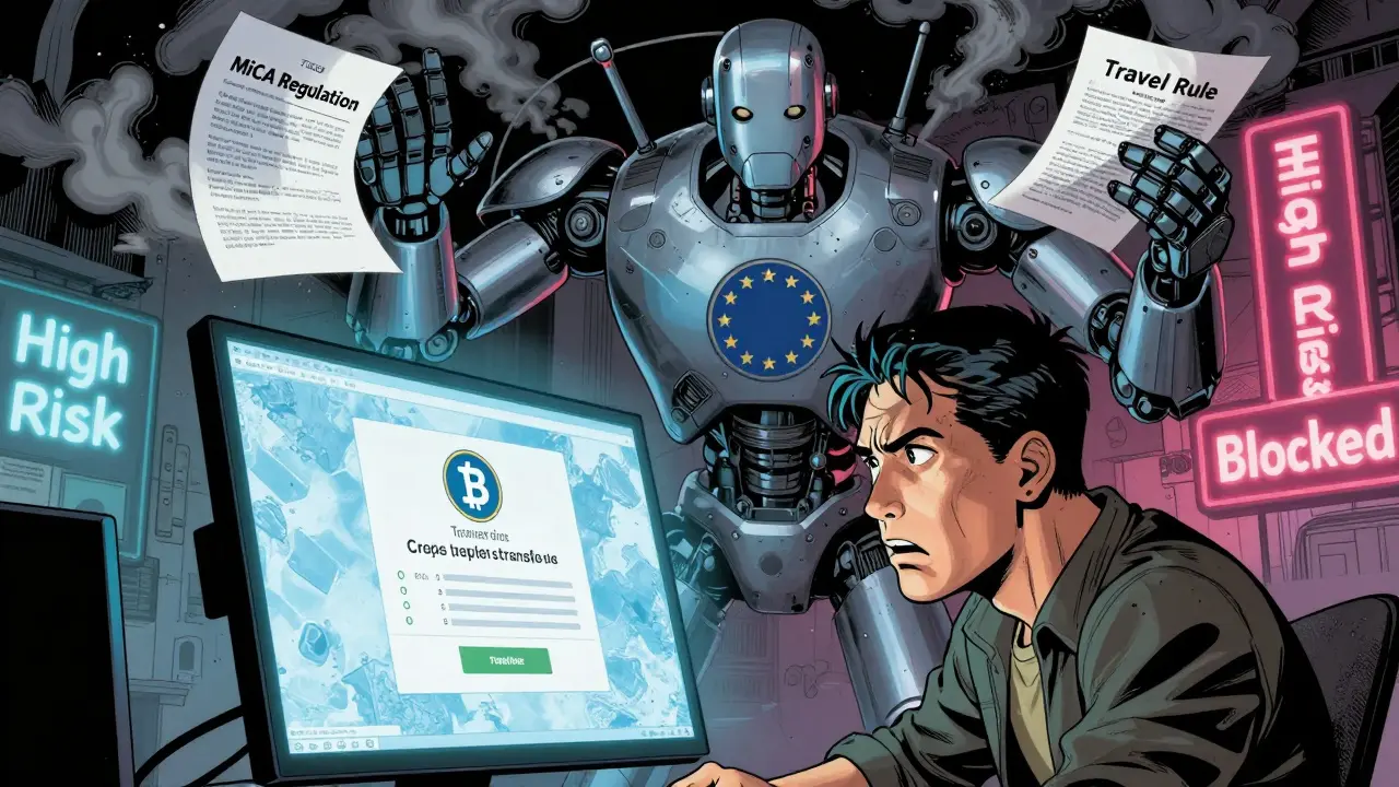 A user faces a frozen crypto transfer as a giant EU compliance robot blocks the flow with warning papers swirling around.