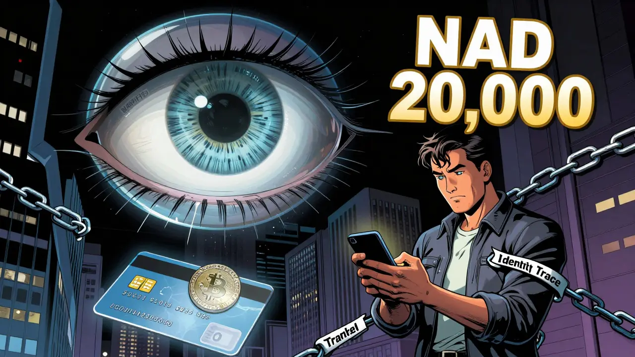 A user sending crypto while watched by a giant government eye, bound by identity chains and a frozen bank card.