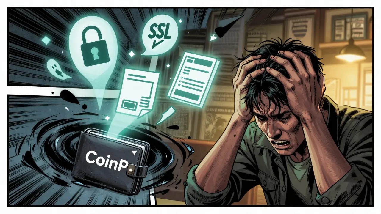 A victim watches their crypto drain into a black vortex labeled 'CoinP', with broken security icons floating around them.