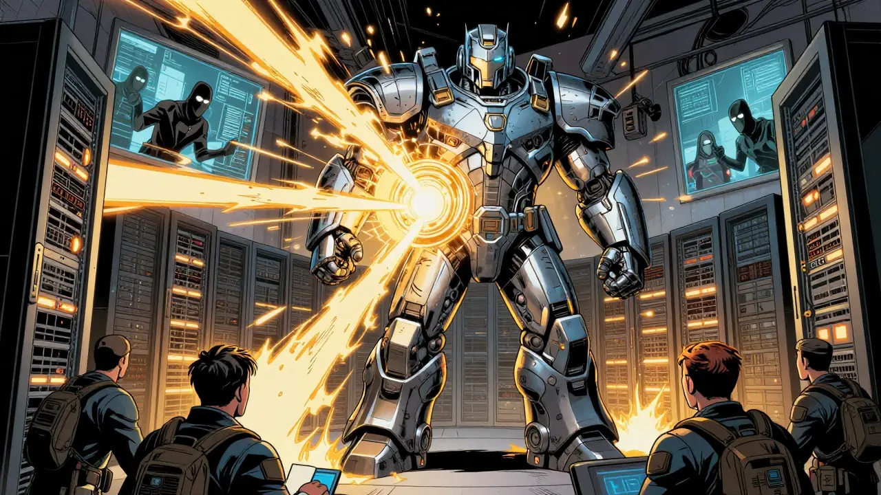 An armored HSM fortress protecting a data center from digital intruders.