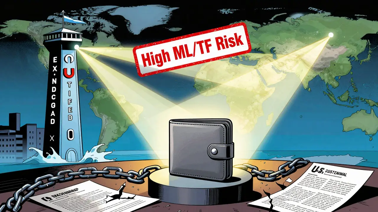 An EU exchange sends data to a hesitant U.S. exchange with a red risk stamp, while a simple non-custodial wallet stands untouched.