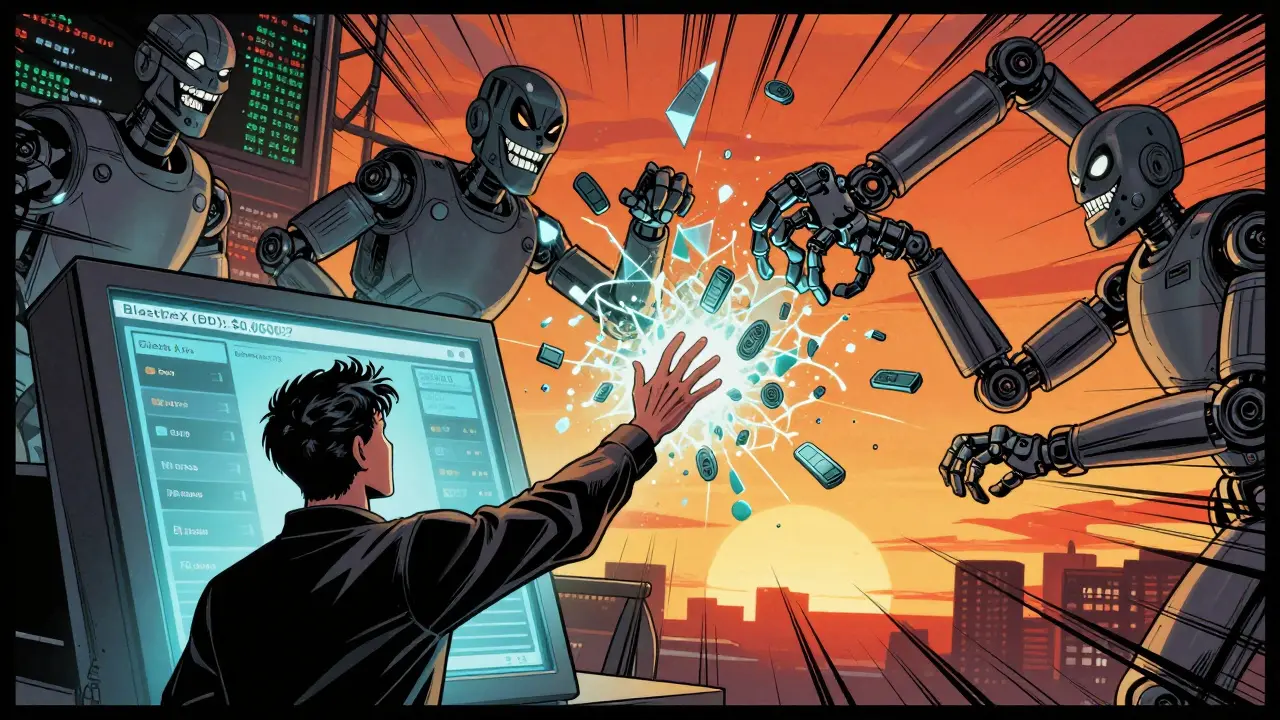 An investor reaches for a fake BlastDEX price on a terminal while bots manipulate phantom orders.
