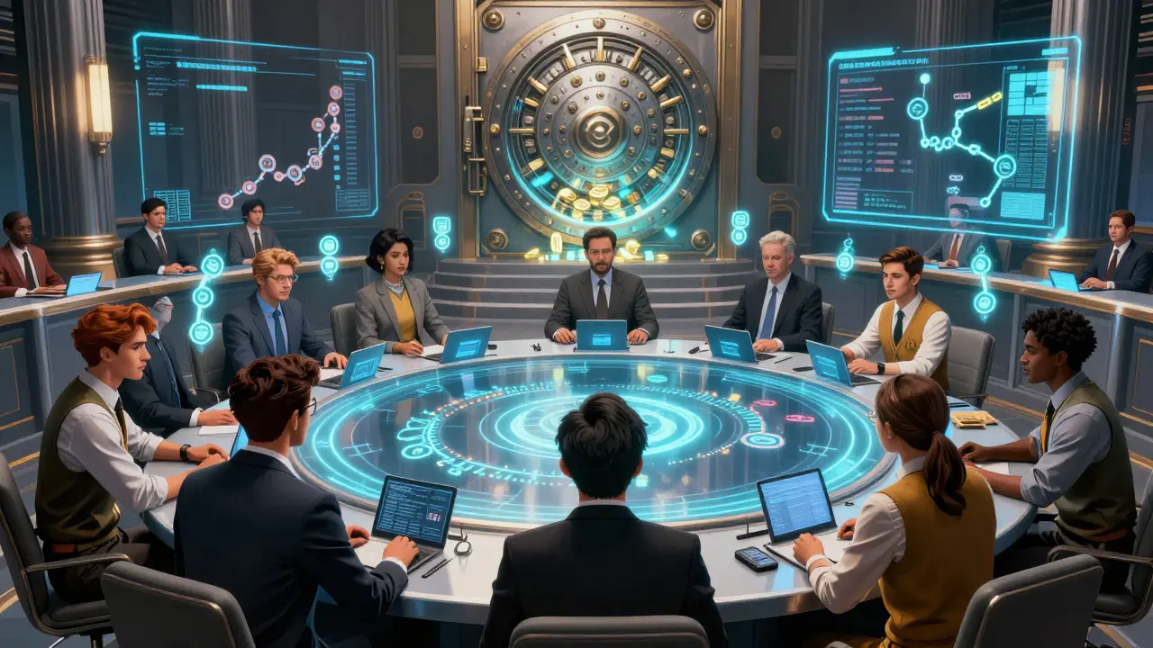 Community members vote in a holographic DAO meeting with glowing token ballots.