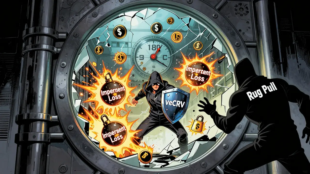 Cracking DeFi vault with falling token prices, a hero holding veCRV shield, and 'Rug Pull' shadow looming.