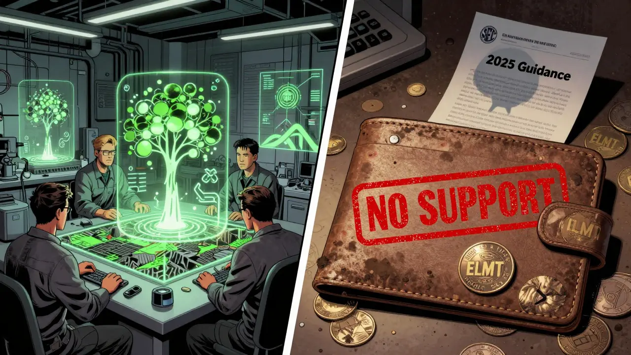 Engineers building carbon NFTs while ELMT tokens gather dust, marked 'NO SUPPORT' in shadowy background.