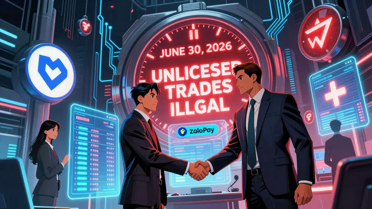Fintech leaders shake hands over holographic VND crypto trades, with a countdown to June 30, 2026, looming in the background.