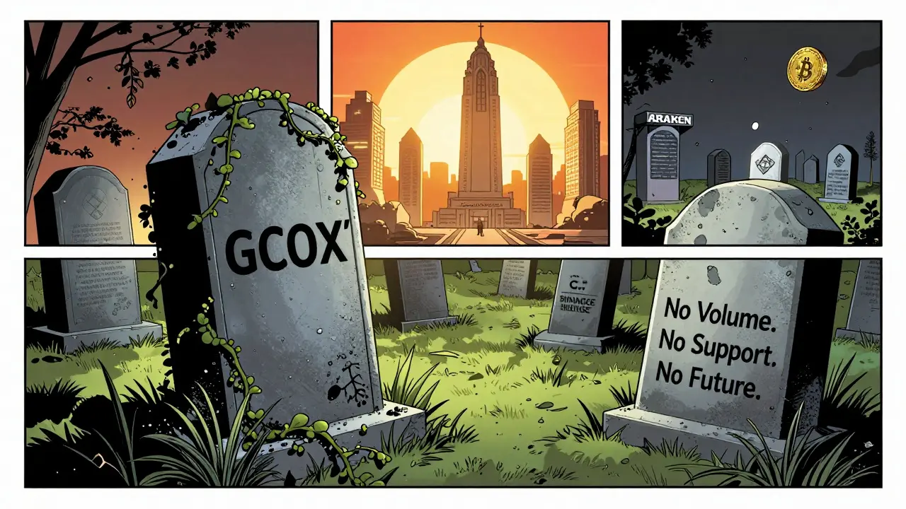 GCOX tombstone in a crypto graveyard while Binance, Coinbase, and Kraken shine brightly in the distance.