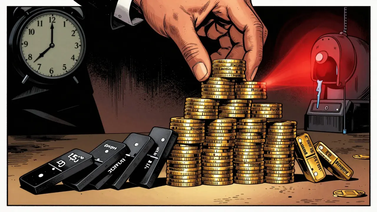 Gold coin pyramid of margin profits toppling as a black domino labeled '15% Drop' falls.