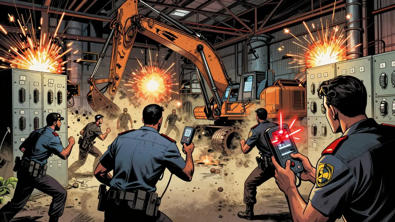 Law enforcement raids a warehouse filled with hundreds of mining rigs under intense lighting and motion lines.