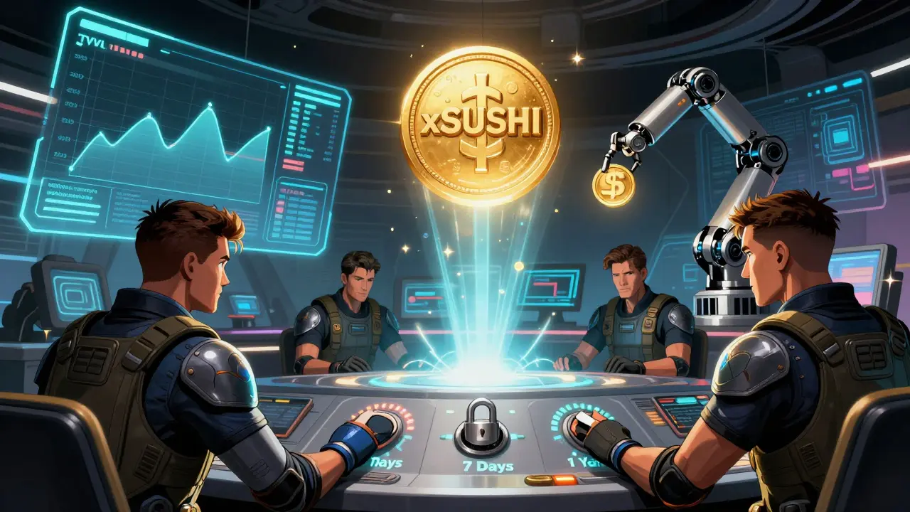 Miners controlling a holographic DeFi console with lock-up dials and auto-compounding rewards in a futuristic room.