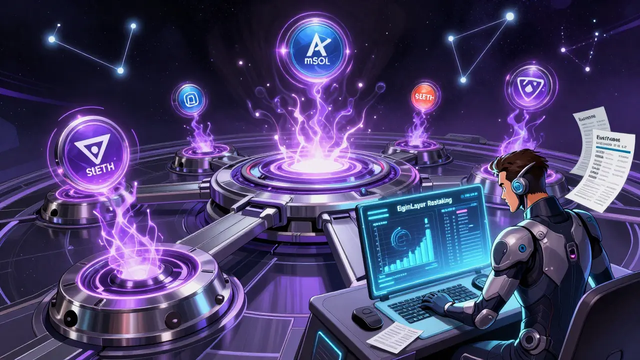 Multi-chain tokens flying through portals as hero operates restaking console.