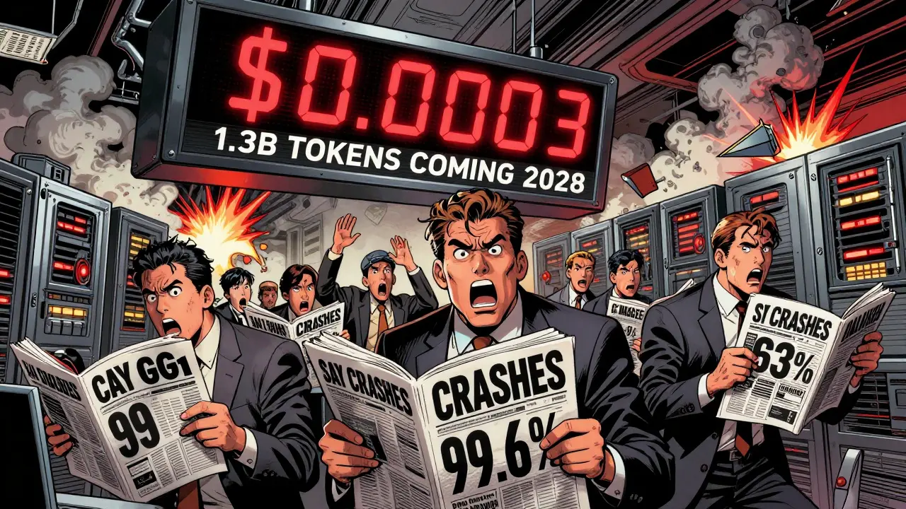 Panic in a crypto trading floor as SAY Coin crashes, with a giant '1.3B TOKENS COMING 2028' ticker looming.