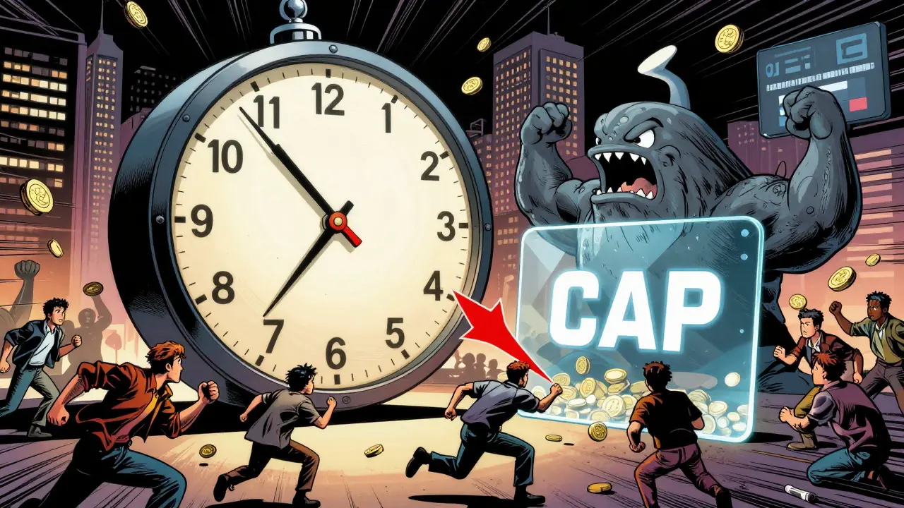 Small investors buy tokens as price drops in a capped sale, blocking a whale.