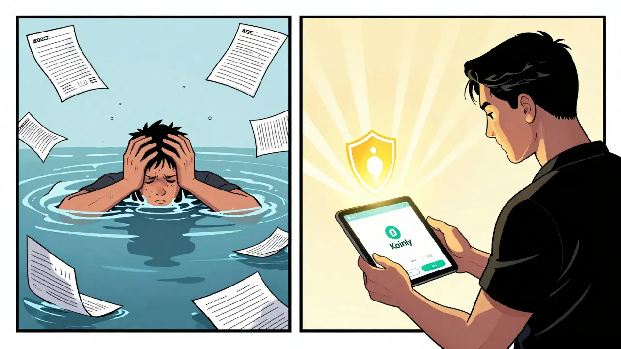 Split scene: person overwhelmed by spreadsheets vs. calm using crypto tax app with protective shield.