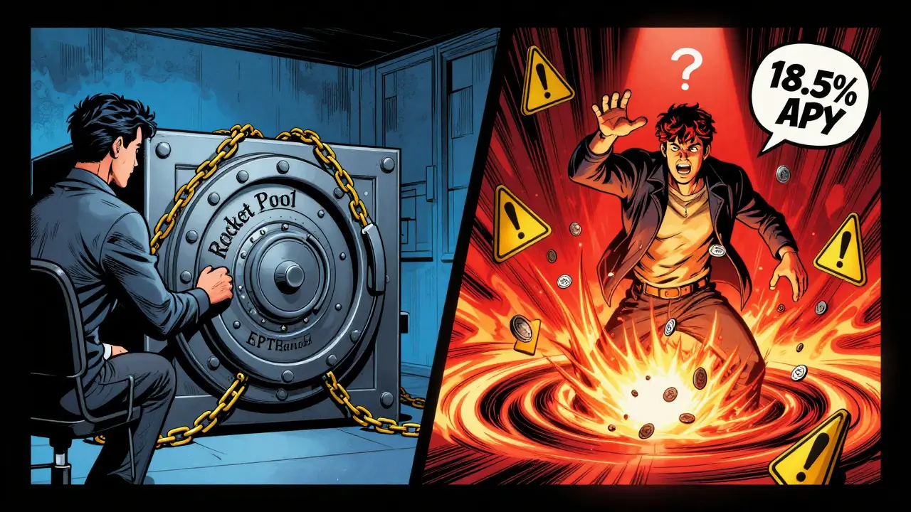 Split scene: secure ETH vault vs. risky ATOM vortex with warning signs.
