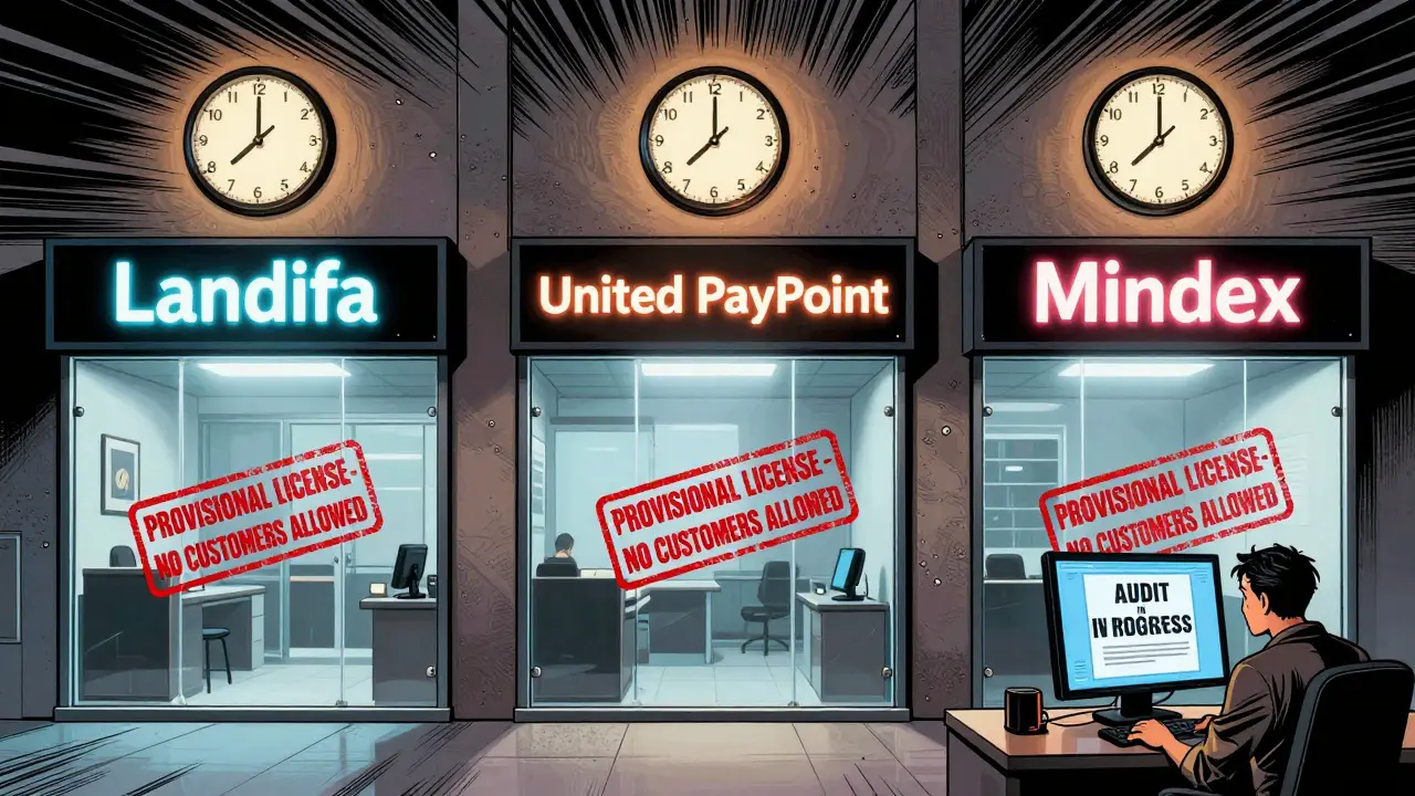 Three licensed crypto companies sealed behind glass with clocks ticking, in a high-stakes regulatory limbo.