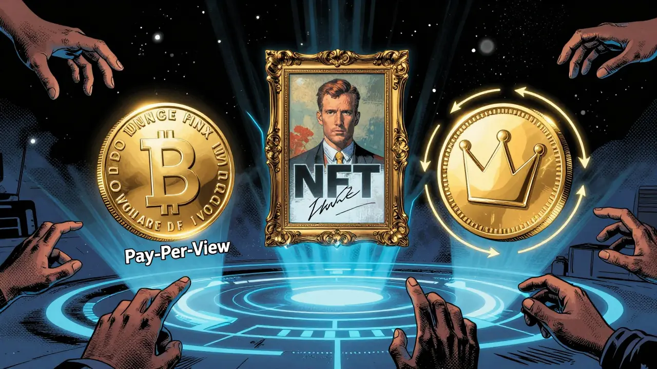 Three types of blockchain tokens — fungible, NFT, and governance — hovering in a cosmic space.