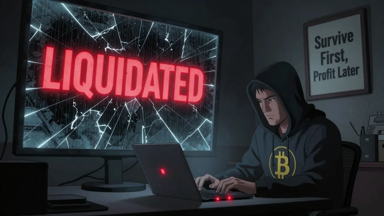Trader closing laptop as 'LIQUIDATED' screen shatters behind him in dark room.