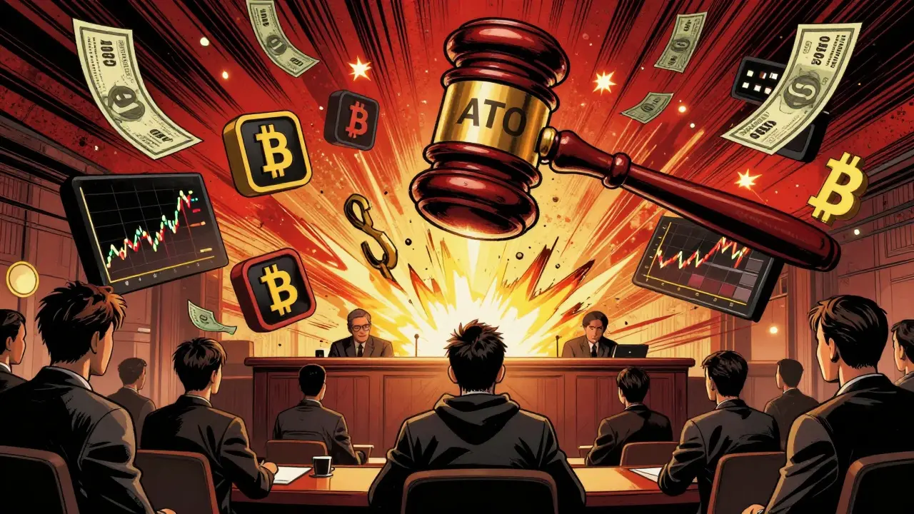 Trader facing a giant ATO gavel amid floating trade charts and tax bills in a dramatic courtroom scene.
