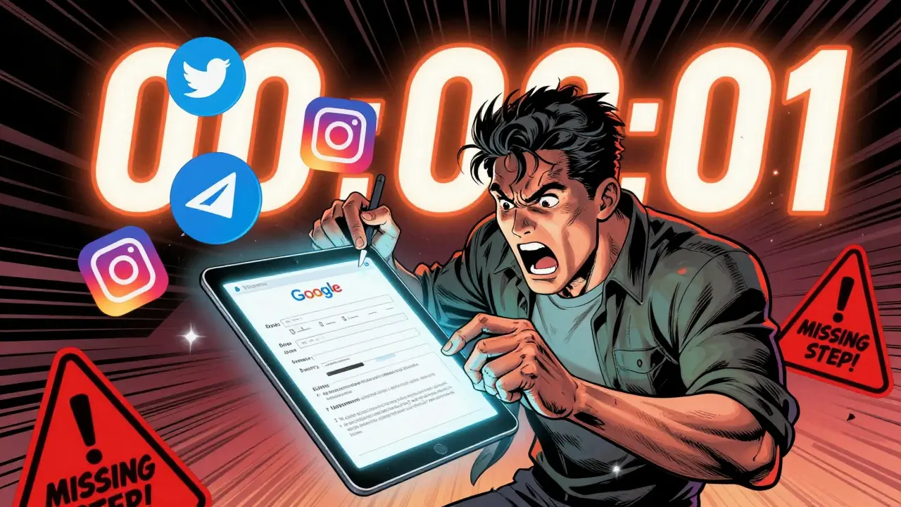 User racing against time to submit a Google Form as social media icons flash warnings.