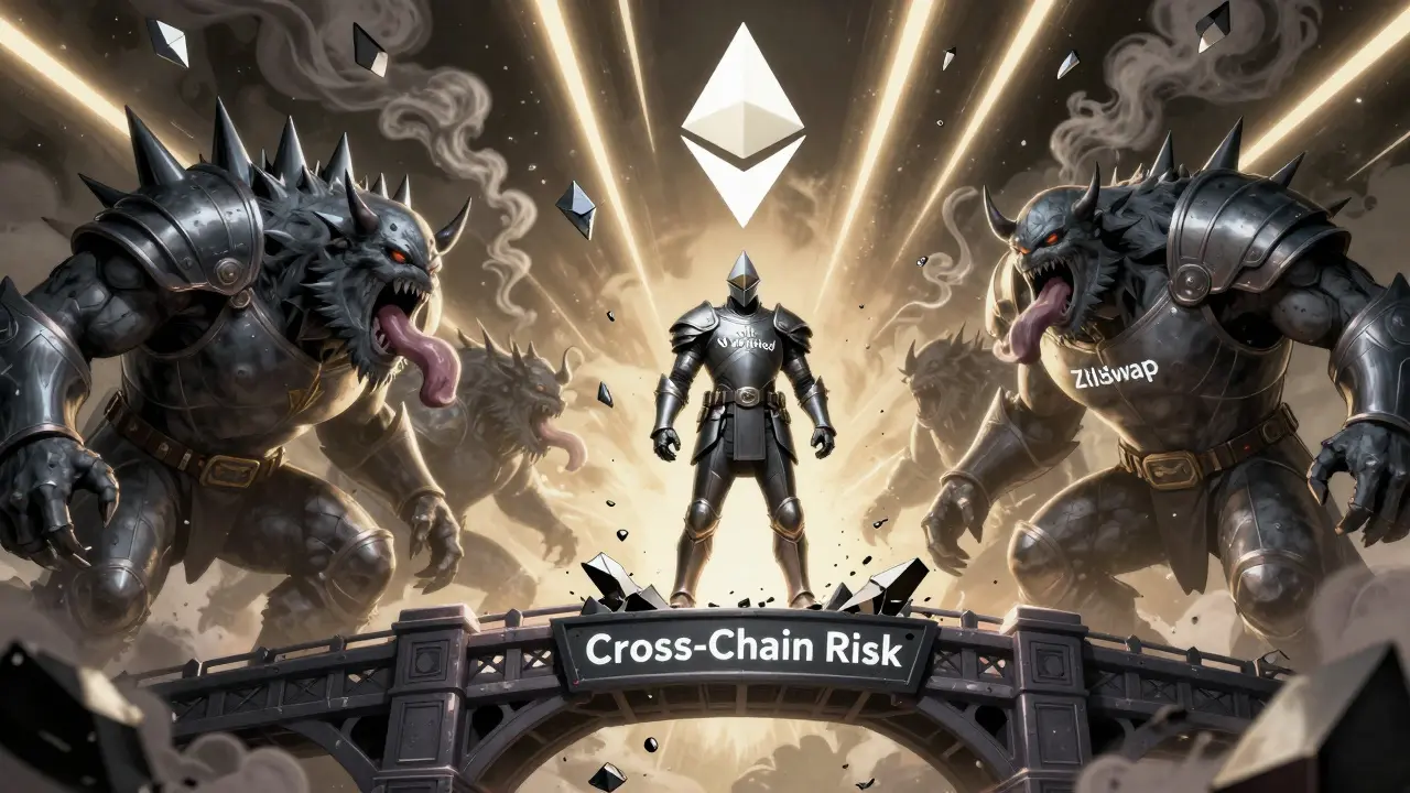 ZilSwap warrior defeating high-fee Ethereum monsters on a shattered bridge