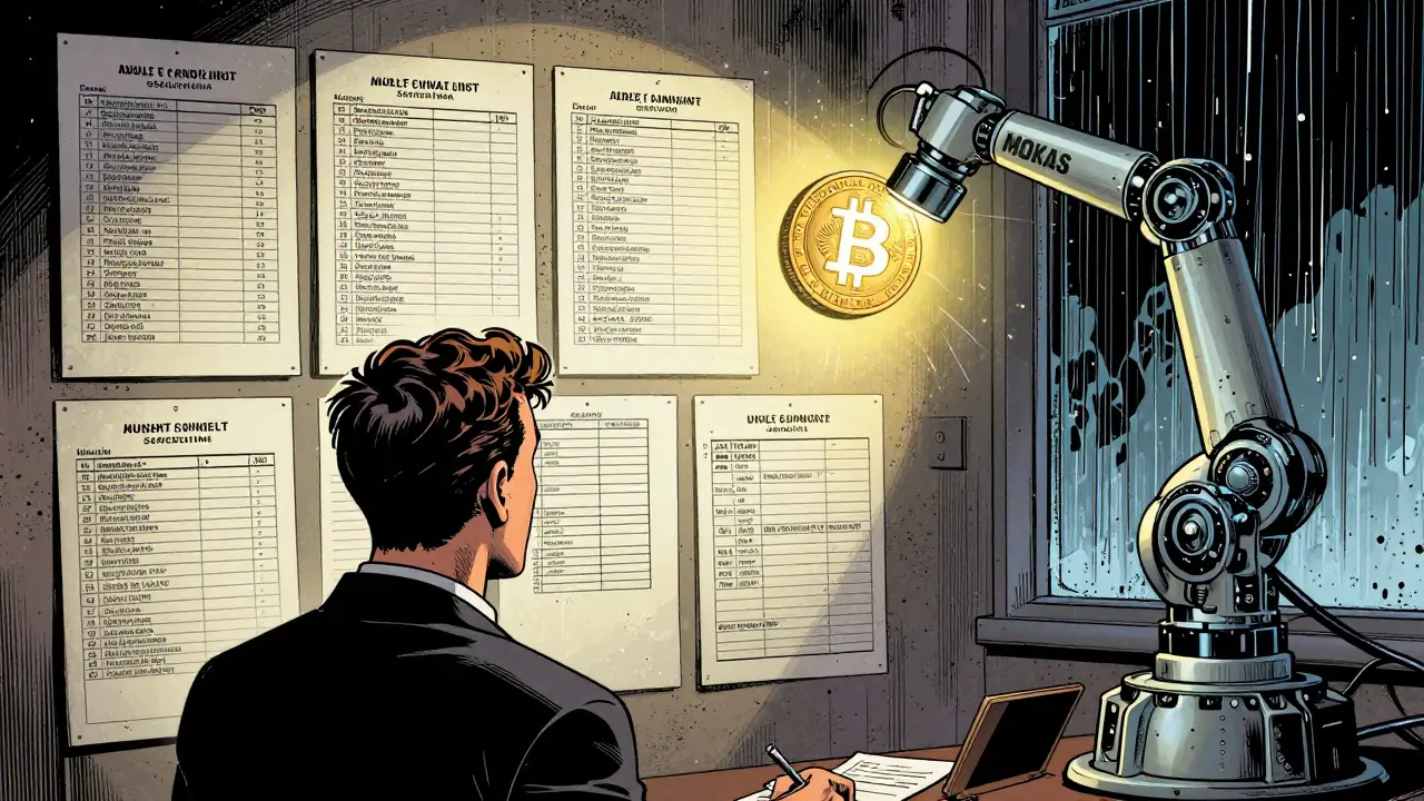 A business owner faces a wall of compliance records as a robotic system scans their crypto wallet under a spotlight.