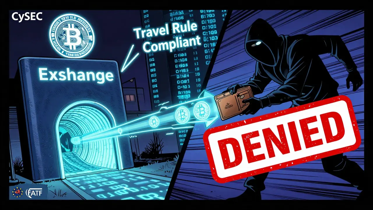 A compliant crypto exchange sends verified data through an EU passport tunnel while an unverified transaction is blocked by a red DENIED stamp.