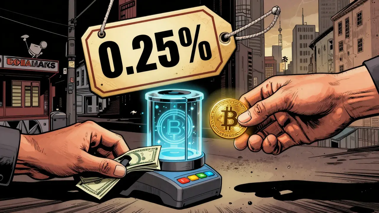 A digital escrow vault releases Bitcoin as cash is deposited via mobile money, with a 0.25% fee sign looming above.