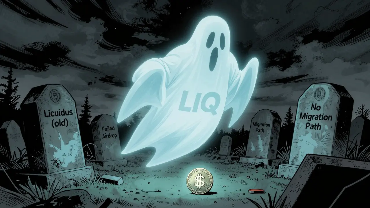 A ghostly old LIQ token hovers over a crypto graveyard with tombstones marking failed projects, a single glowing token in the foreground.