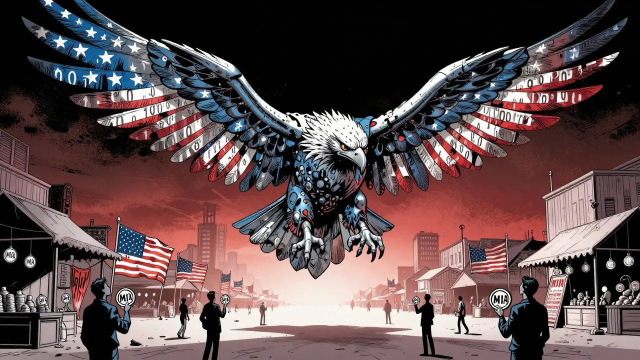 A giant hollow eagle made of binary code hovers over an empty marketplace, its feathers made of fading American flags.