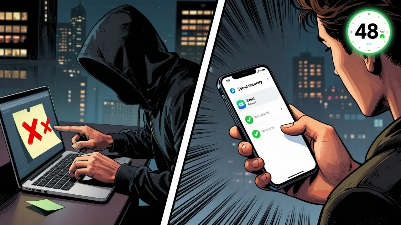 A hacker fails to steal a seed phrase while social recovery approvals light up on a user's phone.