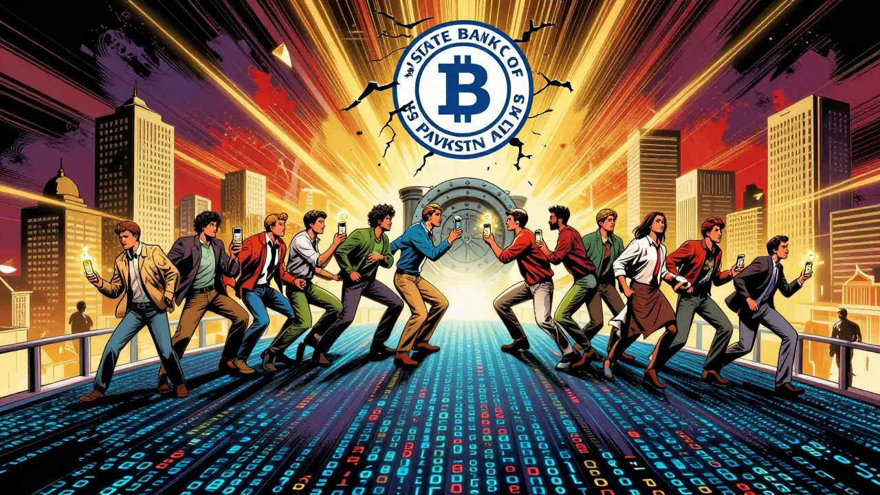 A human chain of crypto users bridging a crumbling bank to a decentralized finance future.