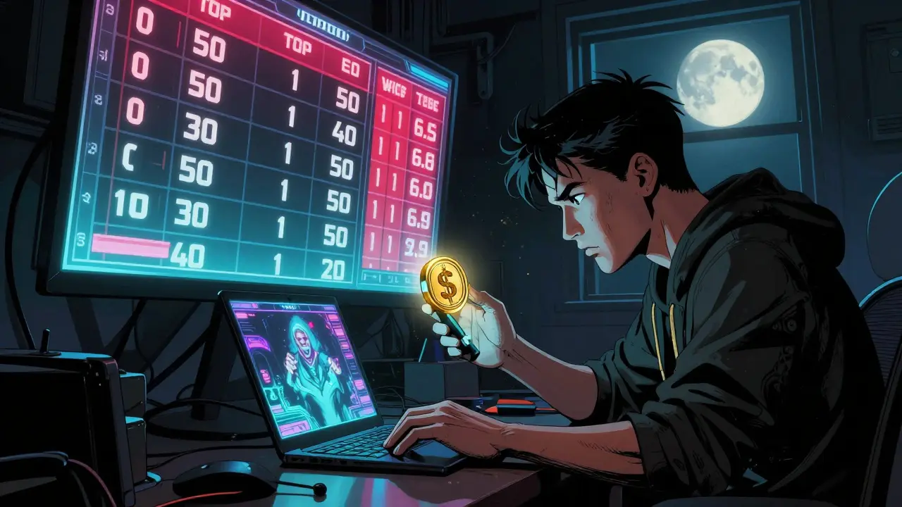 A player at night watching their leaderboard rank rise as a golden $BULL token hovers nearby.
