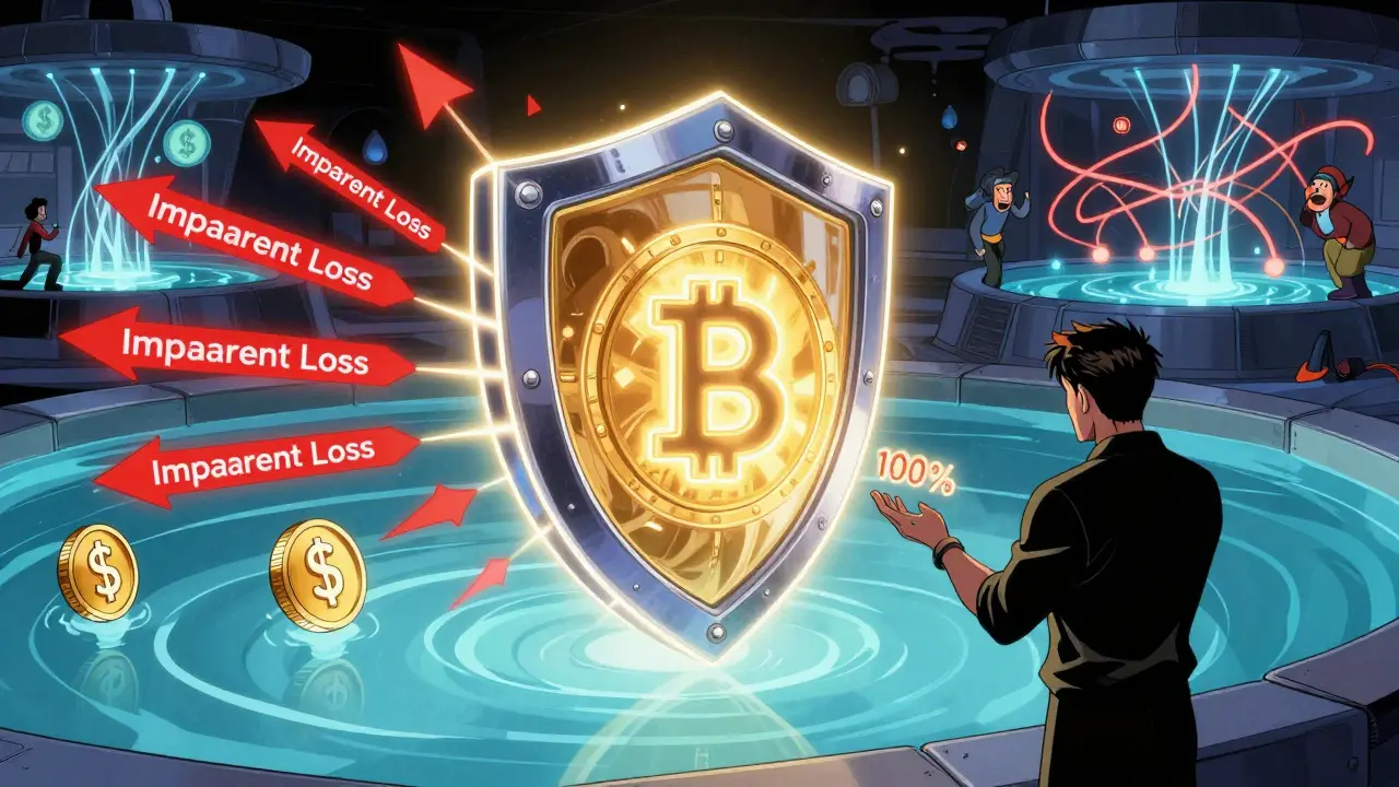 A shield of BNT protection blocks impermanent loss arrows while stablecoins float safely in a calm pool.