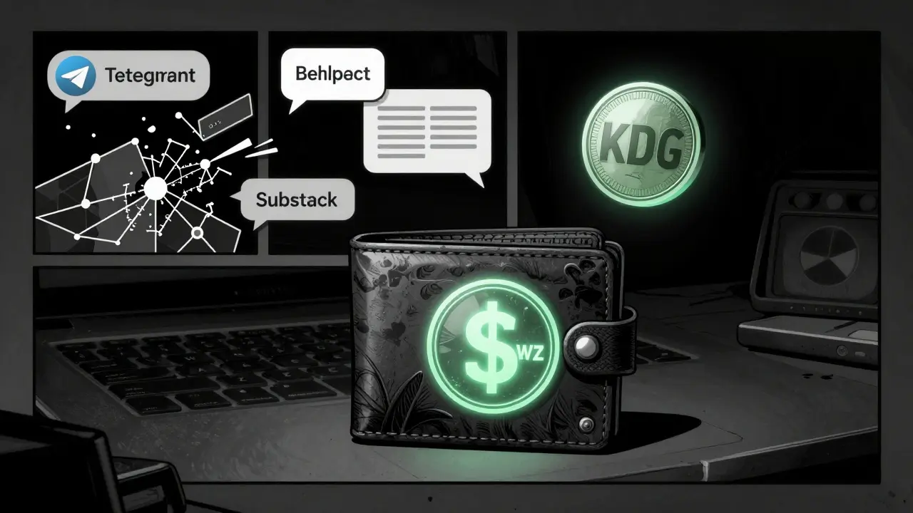 A single wallet glows faintly amid abandoned crypto project clues in a dark room.