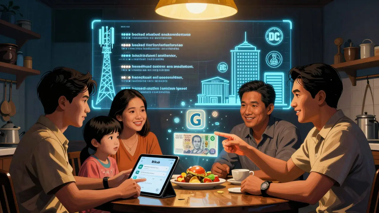 A Thai family views a government G Token hologram beside a licensed exchange app, while blocked sites fade behind them.