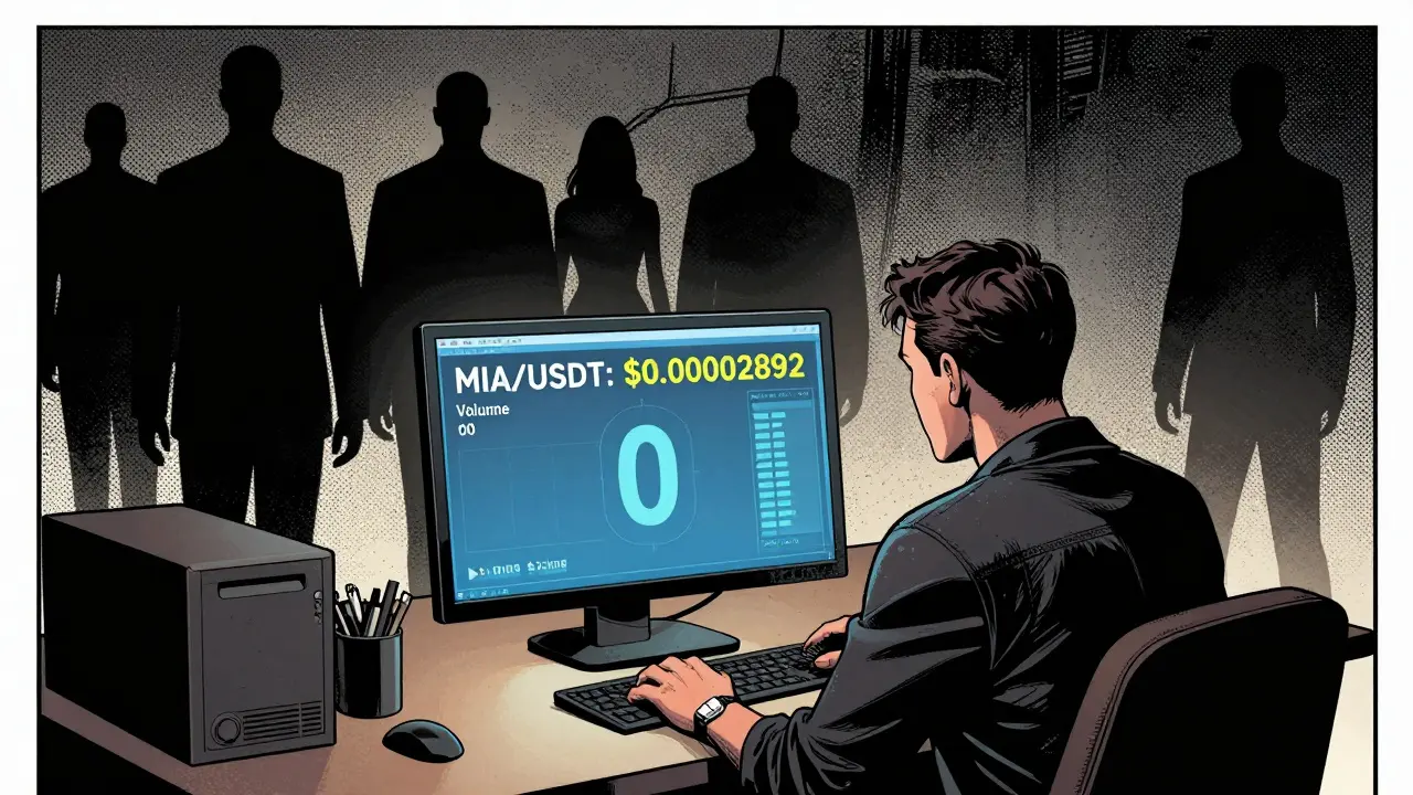 A trader stares at a screen showing zero trading volume for MIA, while shadowy investors walk away into darkness.