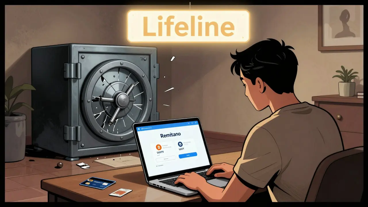 A user accesses Remitano on a laptop as shattered bank symbols lie behind them, symbolizing escape from traditional finance.