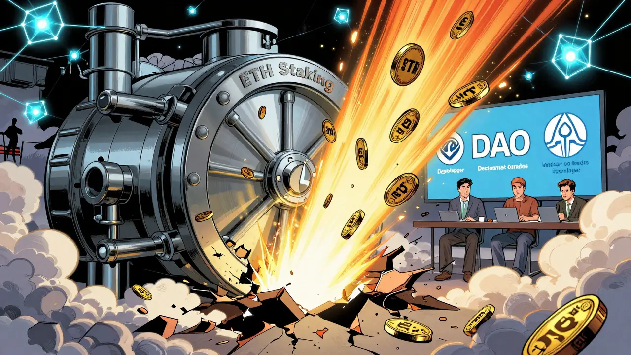 A vault of staked ETH bursts open releasing stETH tokens, powering decentralized networks with institutional users in the background.