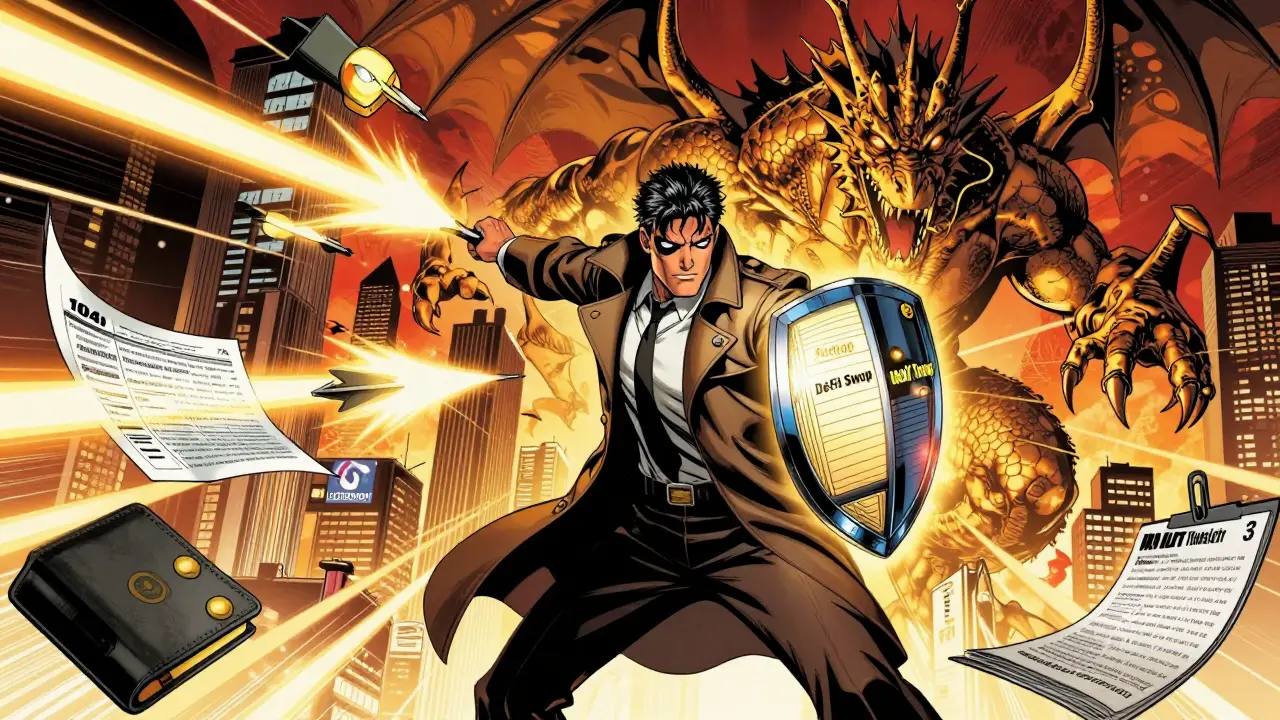 An accountant battles a blockchain dragon with a glowing ledger, in epic comic book style.