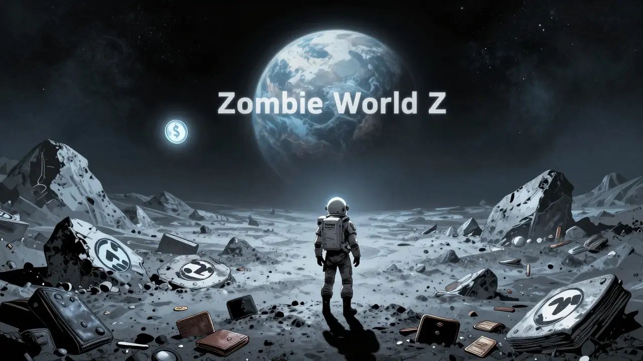 An astronaut stands alone on a dead planet labeled 'Zombie World Z' in deep space.