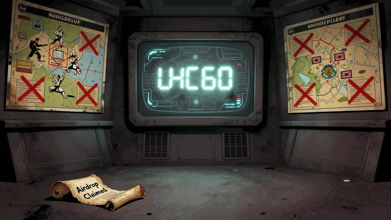 An empty command center shows faded roadmap posters and a single wallet address on a dusty screen.